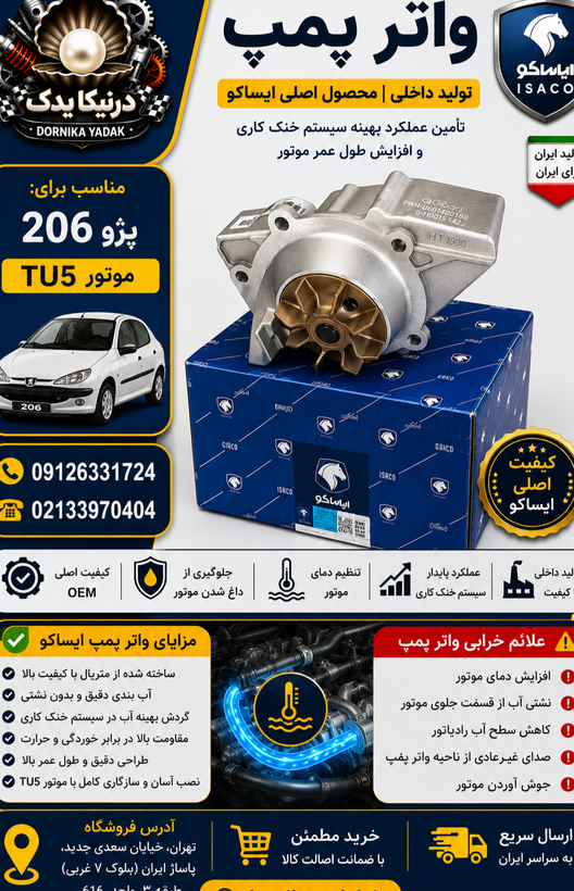 پمپ آب (واتر پمپ ) ایساکو مناسب رانا، ۲۰۶ و ۲۰۷موتورهایTU5