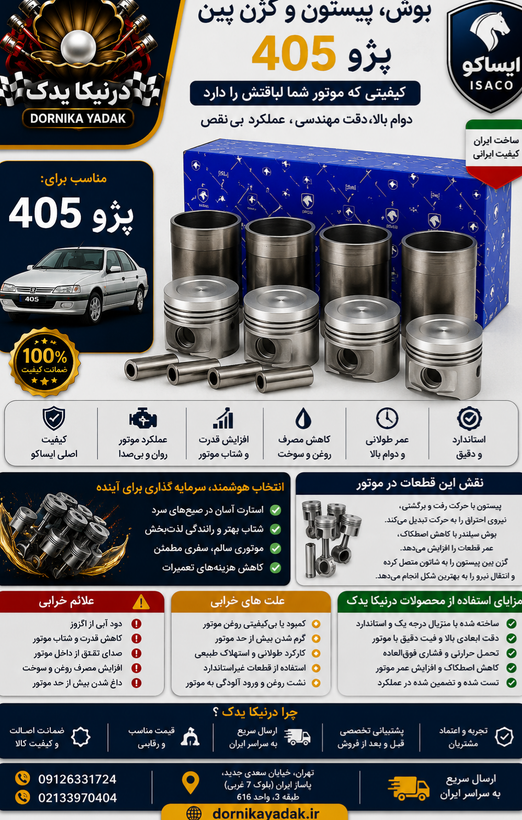 ست کامل بوش پیستون ایساکومناسب پژو ۴۰۵ موتورهایXu7